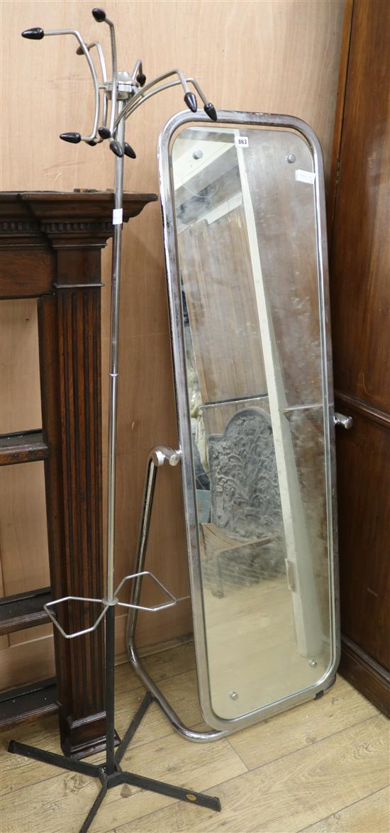 A retro chrome plated robing mirror and coat stand W.56cm